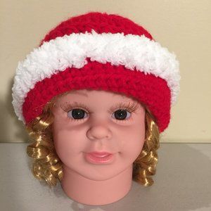 Hand Knit Infant Winter Hat Newborn Red & White Hand Crafted
